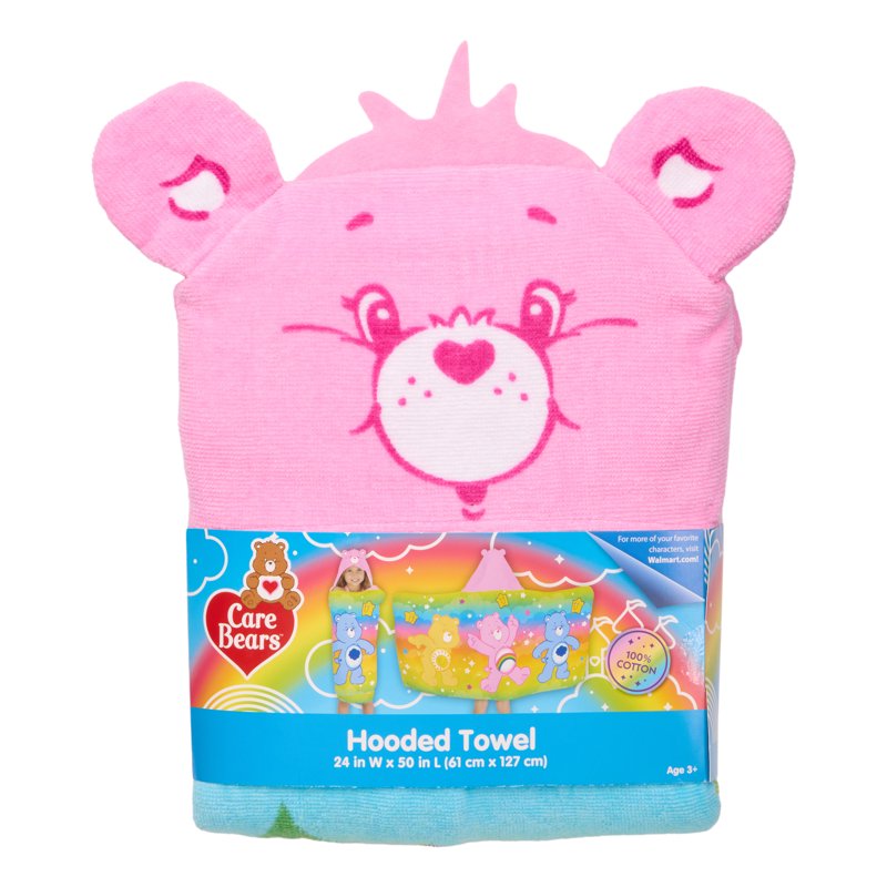 Kids Hooded Bath Towel with Care Bears Design - 100% Cotton, 24x50 Inches