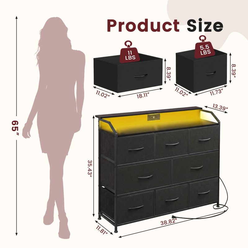 Multifunctional 8-Drawer Fabric Dresser with LED Lights & Power Outlets