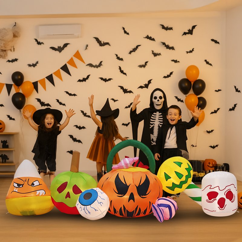 Halloween Inflatable Decorations - Pumpkins & Eyeball Blow Up Yard Banner with Built-in LEDs
