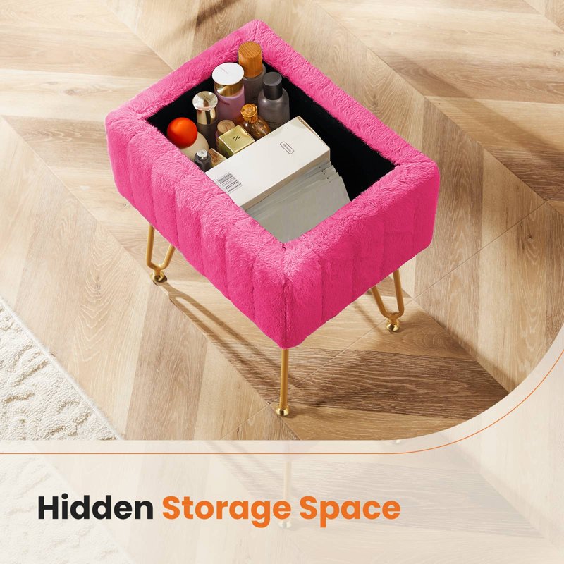 Ottoman Vanity Stool Chair with Storage - Rose Red Faux Fur