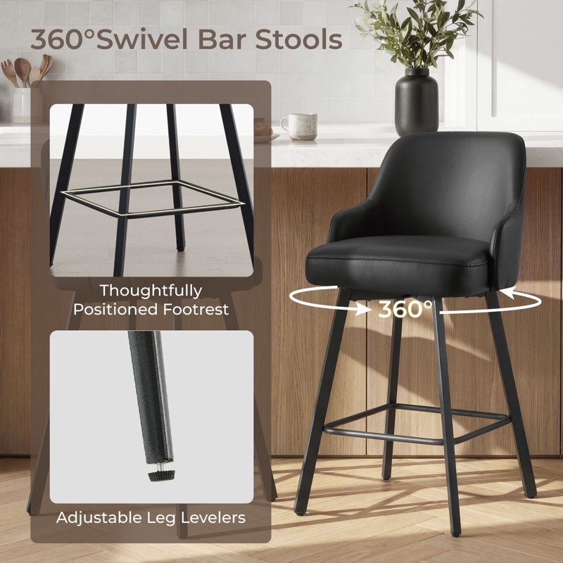 Swivel Counter Stools Set of 2 - Modern Faux Leather - Black