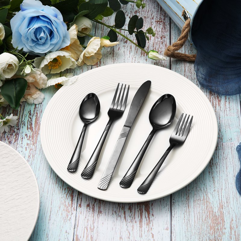 48-Piece Stainless Steel Flatware Set - Black Swirl Design