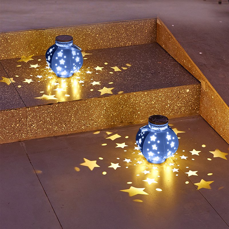 Blue Solar Outdoor Table Lantern with Flickering Flame - Weather-Resistant Metal Garden Light
