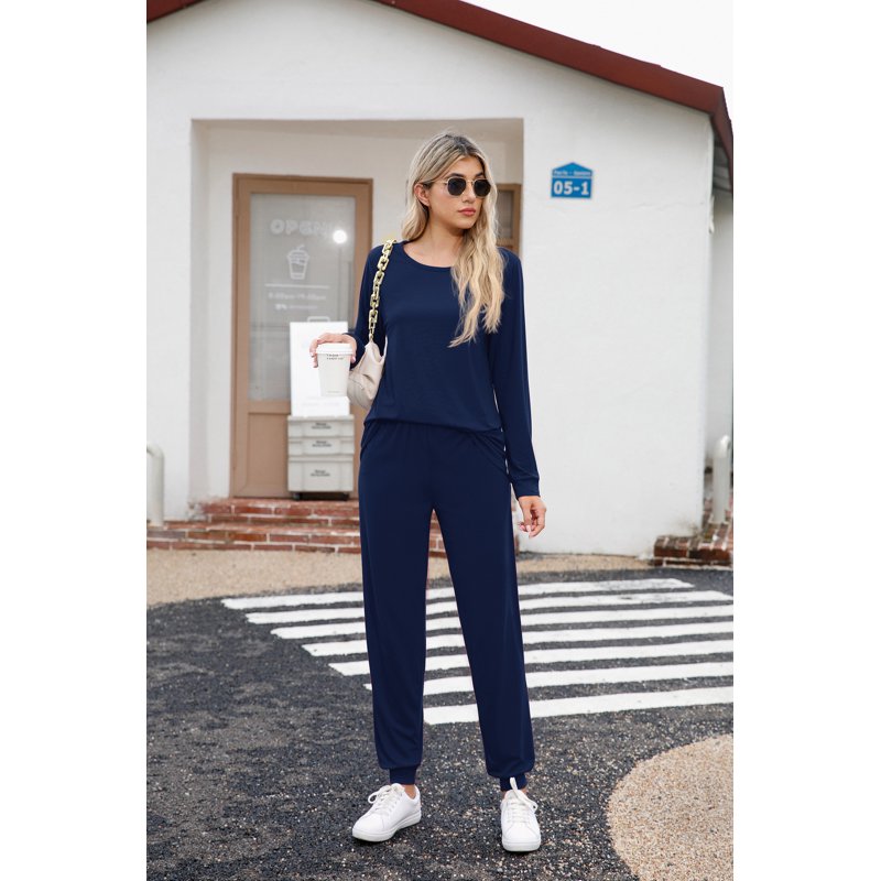 Women's Pajama Set Long Sleeve Sleepwear Lounge Sets with Pockets - Navy Blue S