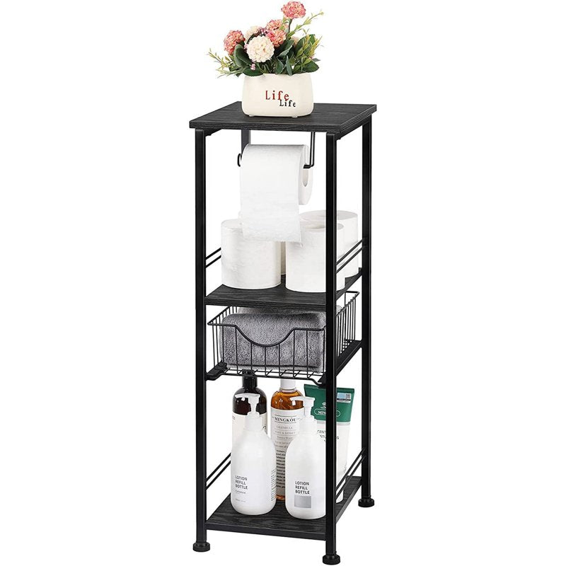 Black 3-Tier Freestanding Bathroom Shelf with Drawer and Toilet Paper Holder - Oumilen