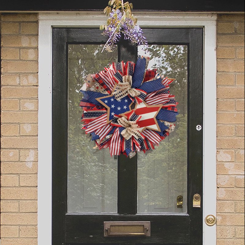 Patriotic 4th of July Wreath for Front Door - Red White Blue Flower Wreath - Variation H