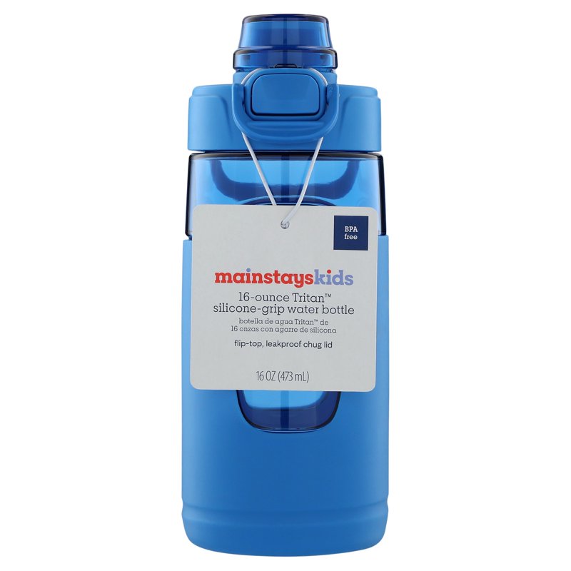 16 oz Blue Tritan Water Bottle with Silicone Grip and Flip-Top Lid