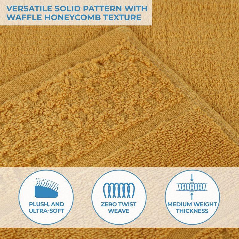 Yellow Gold Cotton Towel Set - 8 Piece Ultra Soft Quick Dry Towels with Waffle Border