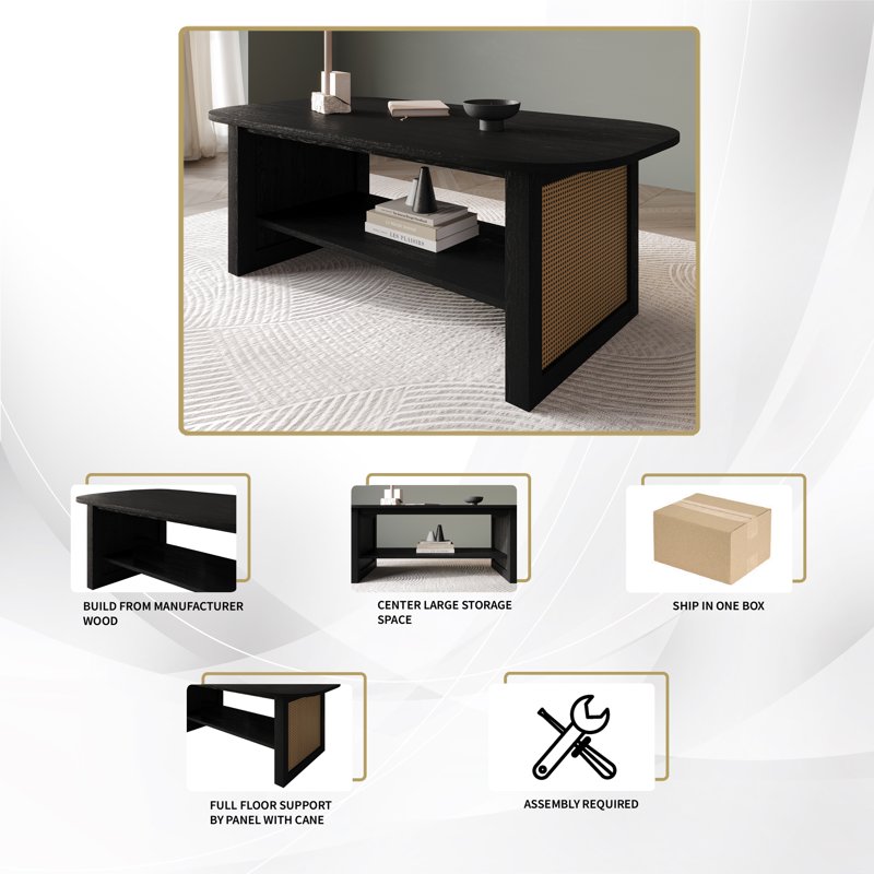 Black Rattan Coffee Table with Storage - Curved Design