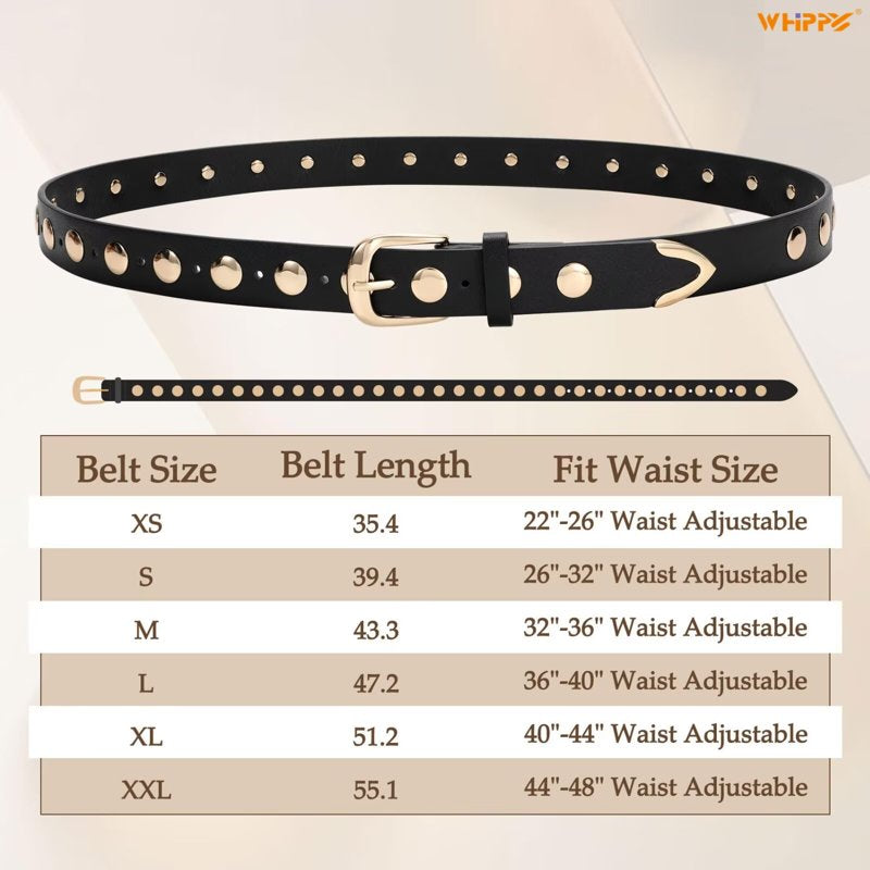 Women's Leather Belt for Jeans & Dresses - Gold, Fits 32-36 Inches - Studded PU Belt