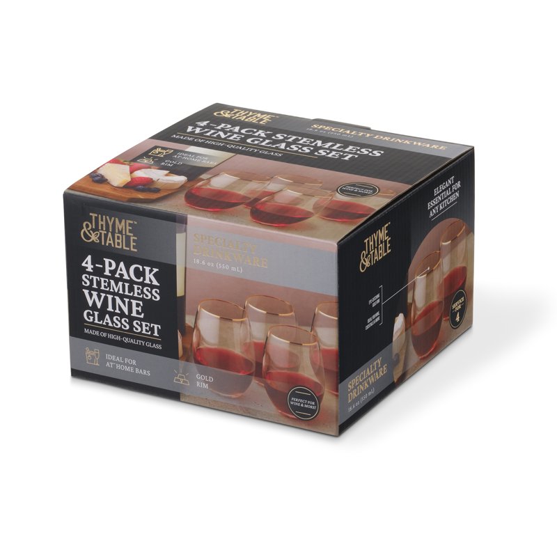Stemless Wine Glasses Set of 4 - 18 oz with Gold Rim