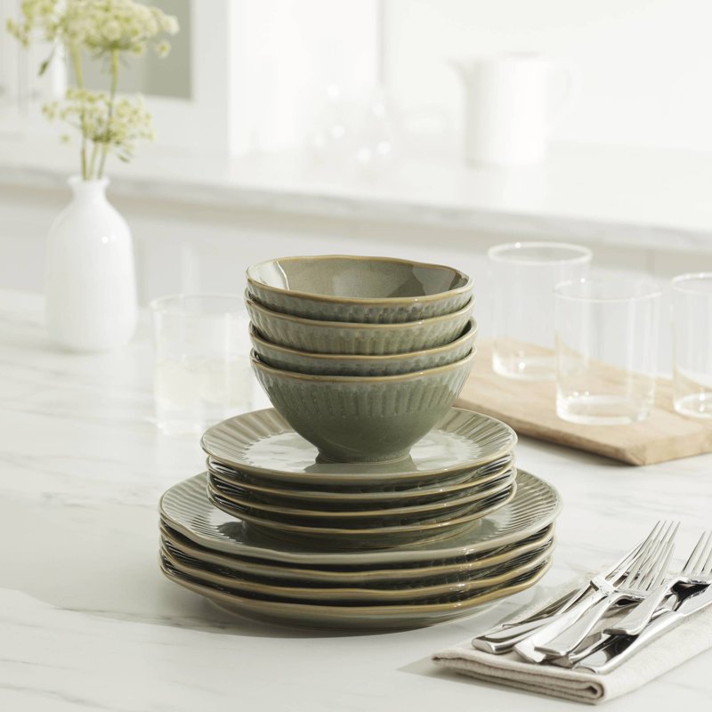 Artisanal Stripe 12-Piece Green Stoneware Dinnerware Set - Service for 4