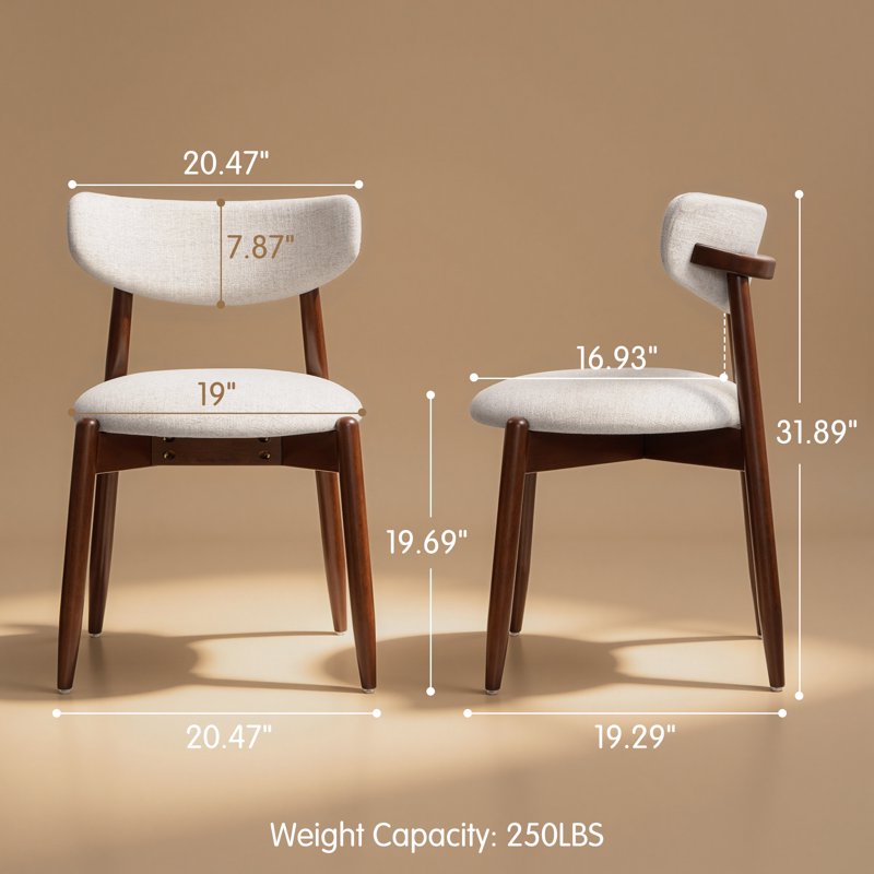 Upholstered Dining Chair Set of 2 - Linen/Walnut, Curved Back