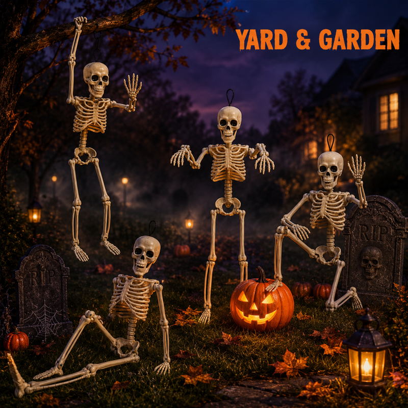 Halloween Skeleton Decorations 4 Pack, 16 Inch Posable Hanging Skeletons for Haunted House & Yard Decor
