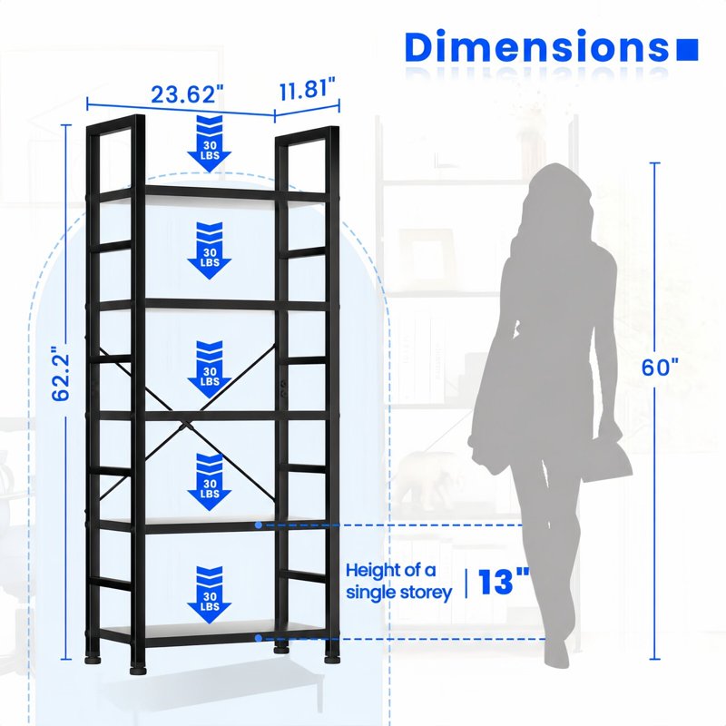 5-Tier Industrial Bookshelf - Open Storage Shelves, Metal Frame