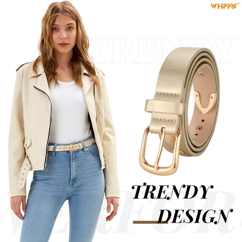Women's Leather Belt for Jeans & Dresses - Gold, Fits 32-36 Inches - Studded PU Belt