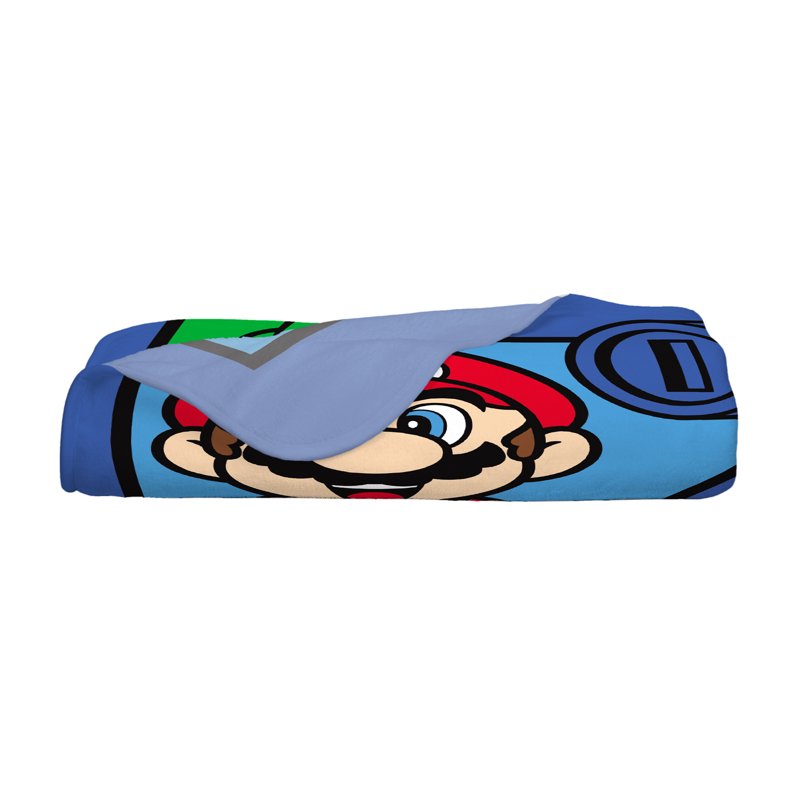 Super Mario Kids Blue Print Fleece Bed Blanket - Licensed Mario Variation