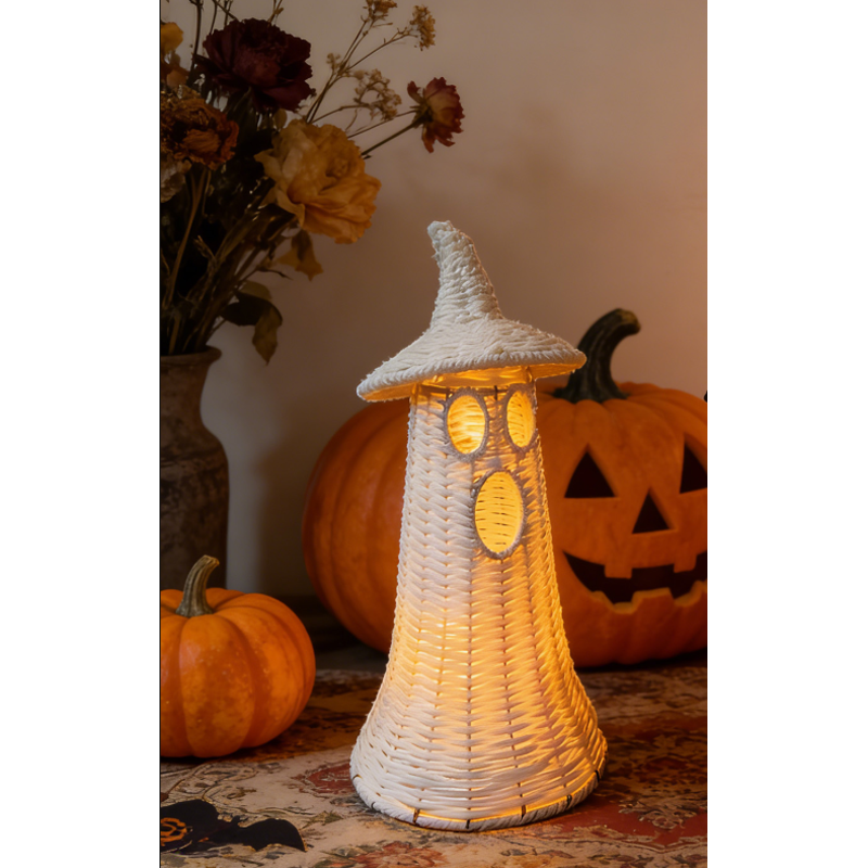 Halloween Ghost with Witch Hat Centerpiece - White Rattan Figurine, 11.8 Inch - Variation B