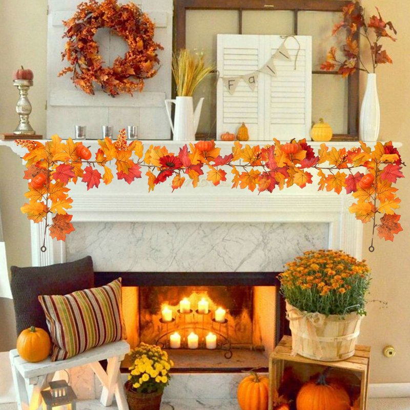 Fall Maple Leaf & Rattan Garland for Holiday Decor - Orange, Variation #05
