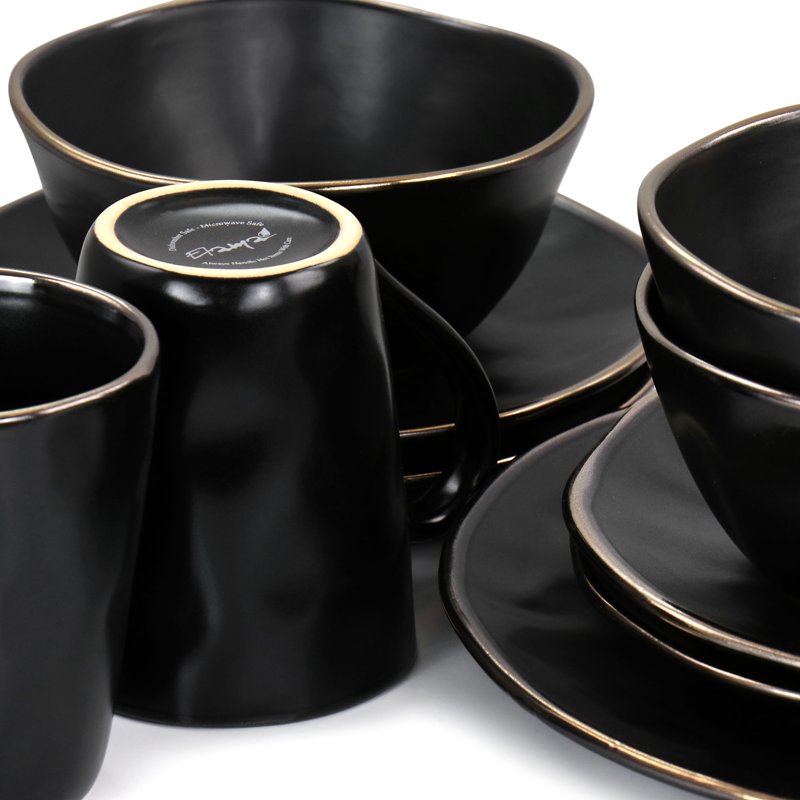 16-Piece Matte Black Stoneware Dinnerware Set with Gold Rim