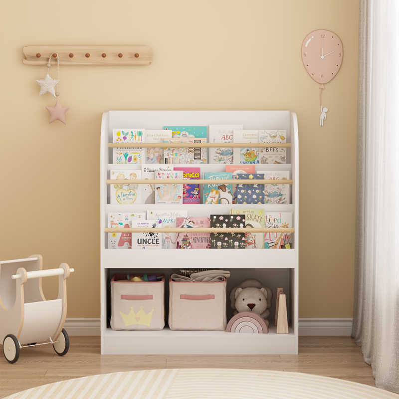 3-Tier Wooden Front-Facing Kids Bookshelf with Storage