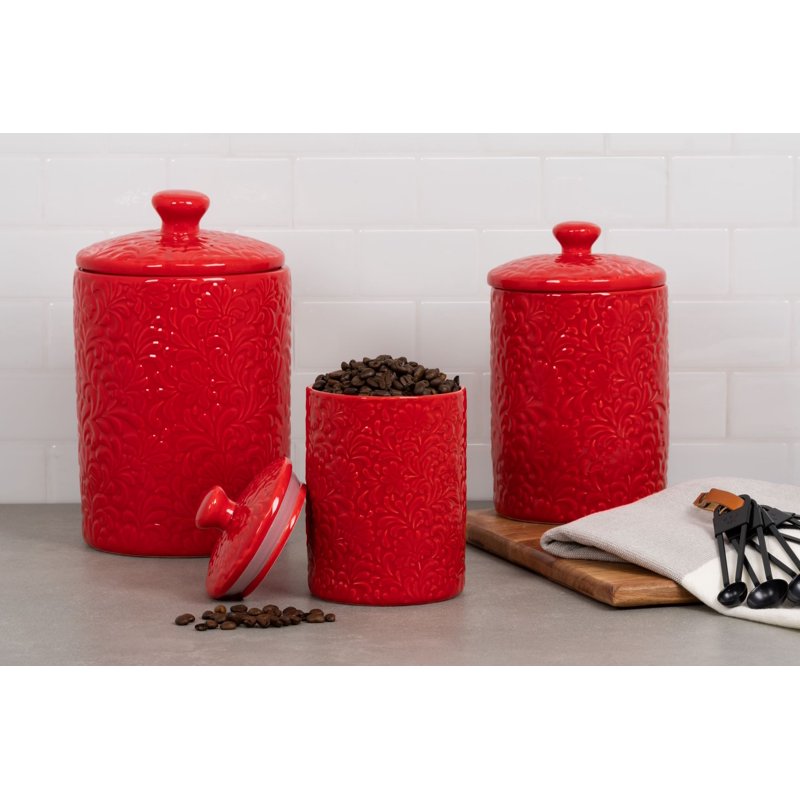 Fleur Embossed 3-Piece Ceramic Canister Set - Red