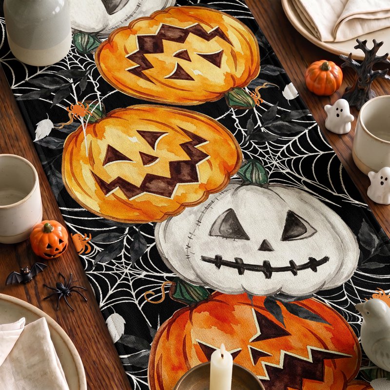 Halloween Table Runner Jack O Lantern Pumpkin Ghost 13x108 Black - Smile