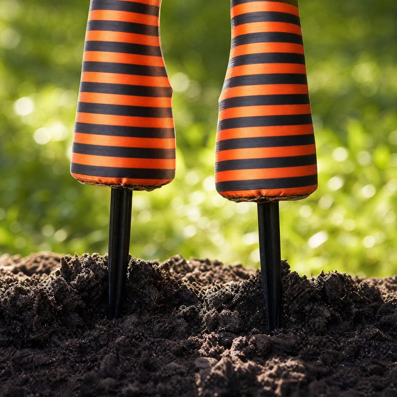 Halloween Witch Leg Yard Stakes with Glitter Shoes & Striped Stockings - Orange Variation