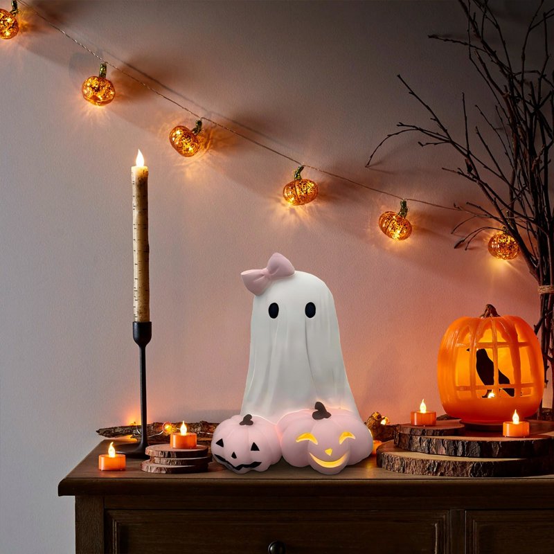 Girls Ghost Night Light Resin Halloween Figurine - White & Pink #361