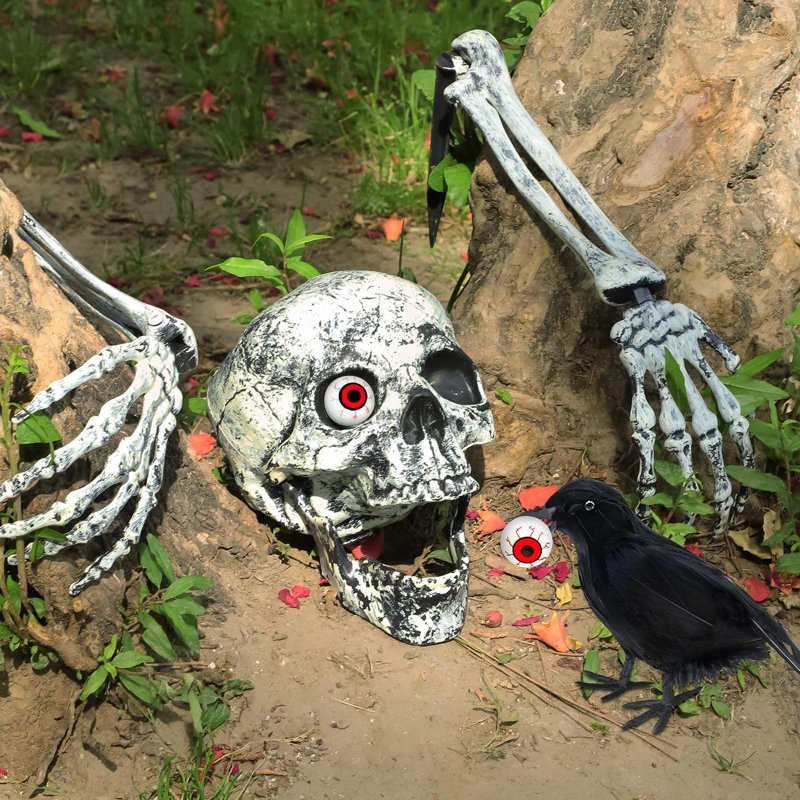 Halloween Skeleton Stakes with Crow and Red Eyes Garden Outdoor Decor