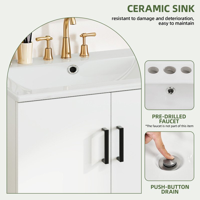 24 Inch White Bathroom Vanity with Undermount Ceramic Sink - Modern Free Standing Storage Cabinet with Soft Close Doors