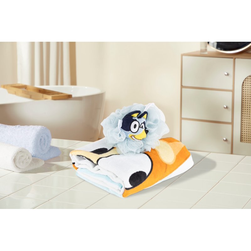 Kids Bluey 3D Loofah - 5 Inch Bath Sponge with Embroidered Character, Soft & Absorbent