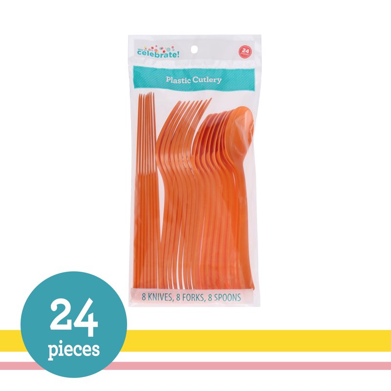 Disposable Cutlery Set - Tangerine 24 Pieces, Forks Spoons Knives for Parties