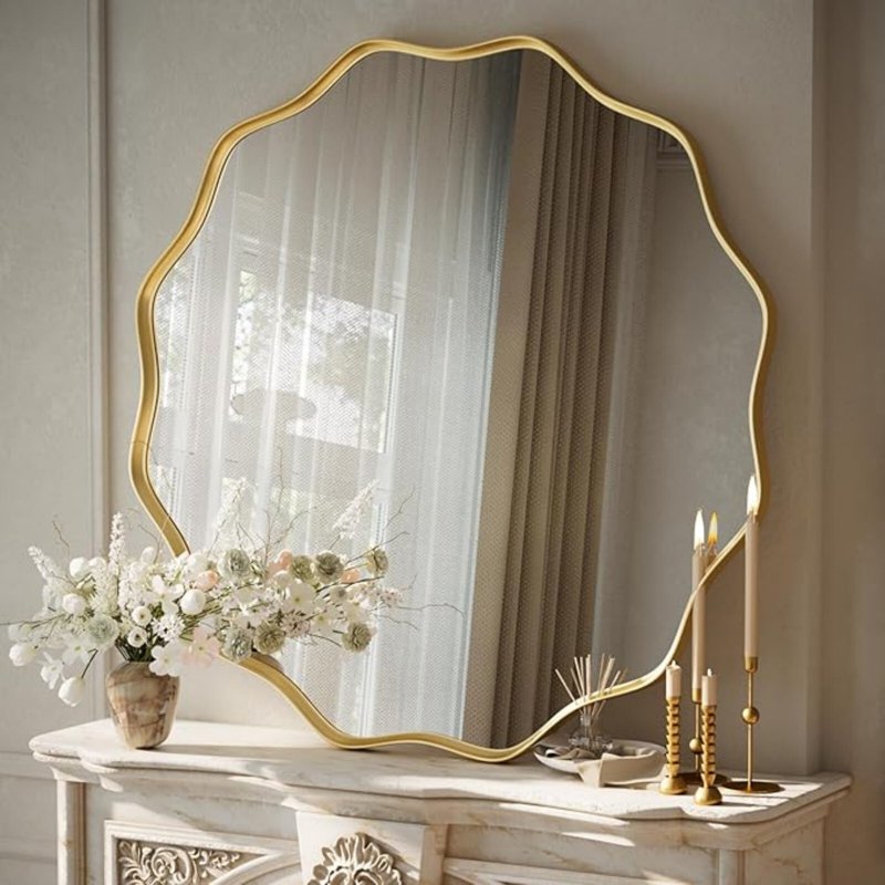 36-Inch Wavy Round Bathroom Mirror Wall Mounted Vanity Mirror with Metal Frame - Gold - Variation of This Listing