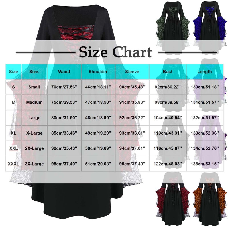 Women's Witch Costume Dress Halloween Medieval Gothic Corset with Bell Sleeves XXL - Black