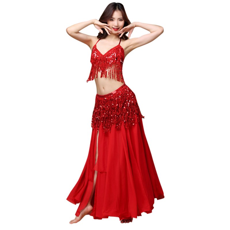 Red Plus Size Belly Dance Skirt Belt with Sequins Tassels Beads for Women