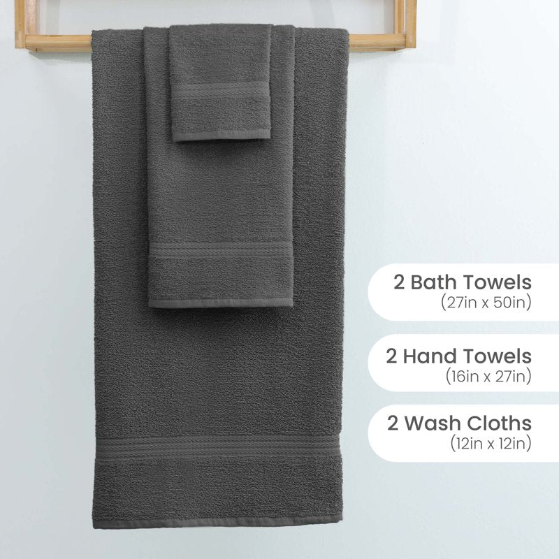 Cotton Towel Set - 6 Pieces Soft & Quick-Dry Towels, Charcoal - Easy Living