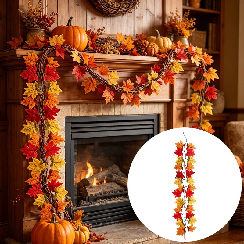 Thanksgiving Fall Maple Garland with Pumpkin Picks - 40in Artificial Leaf Vine, Autumn Decor for Fireplace & Porch - Orange V