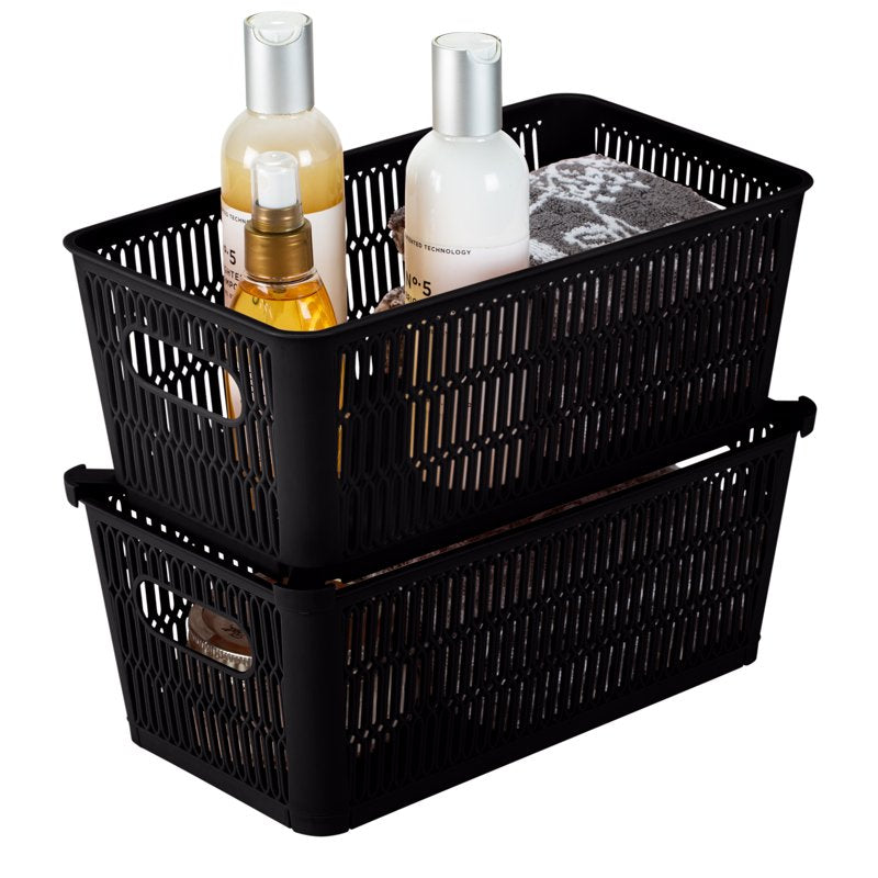 Black Simplify Slide 2 Stack It Polypropylene Storage Baskets Set of 2