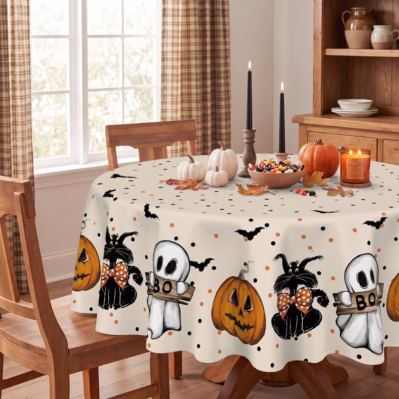 Beige Ghost Pumpkin Bat Halloween Round Tablecloth 60 Inch - Wrinkle-Resistant & Machine Washable