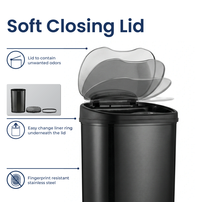 Automatic Kitchen Trash Can - 13.2 Gallon Stainless Steel, Motion Sensor, Soft Close Lid - Black