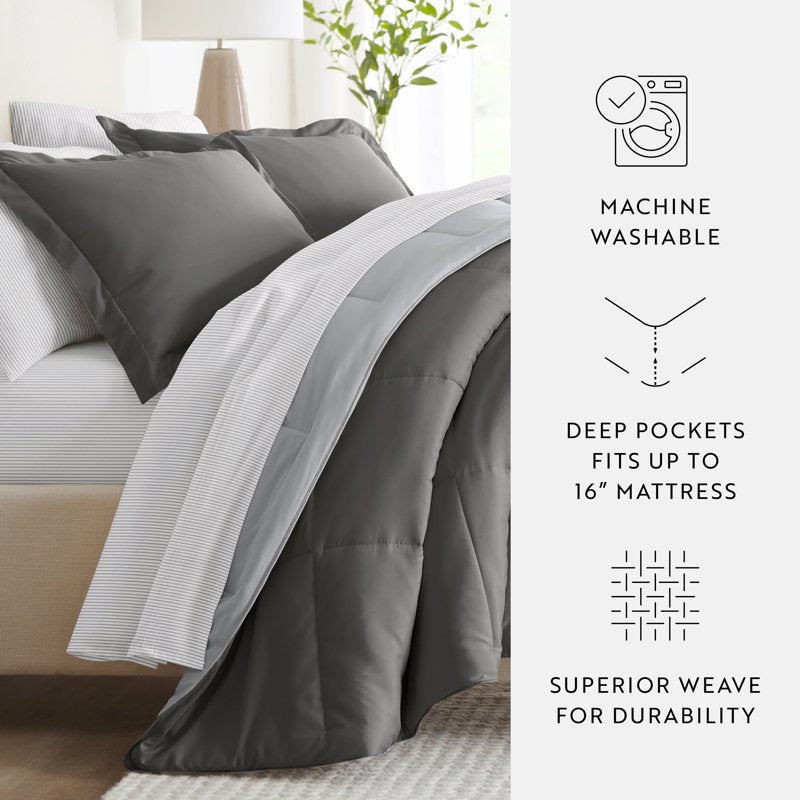 Full Size Reversible Comforter & Patterned Sheet Set - Gray