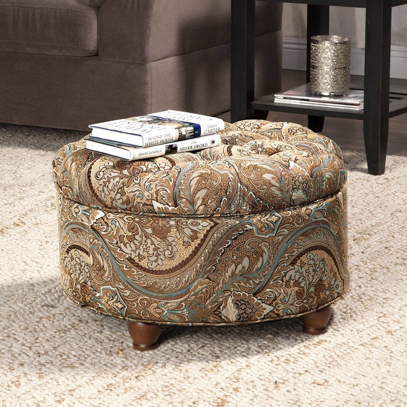 Round Storage Ottoman with Brown Paisley Fabric - 25"
