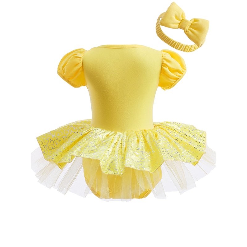 Infant Baby Girls Princess Romper Dress with Headband - Yellow 6-9 Months