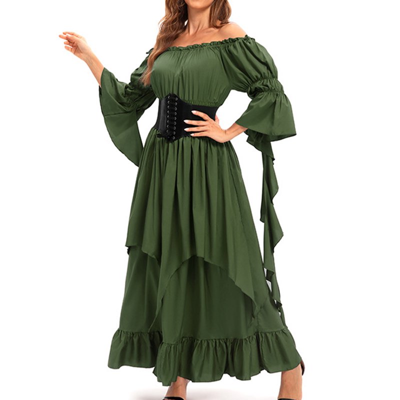 Women's Spring/Summer Renaissance Dress Green S Long Sleeve Round Neck Casual Outfit