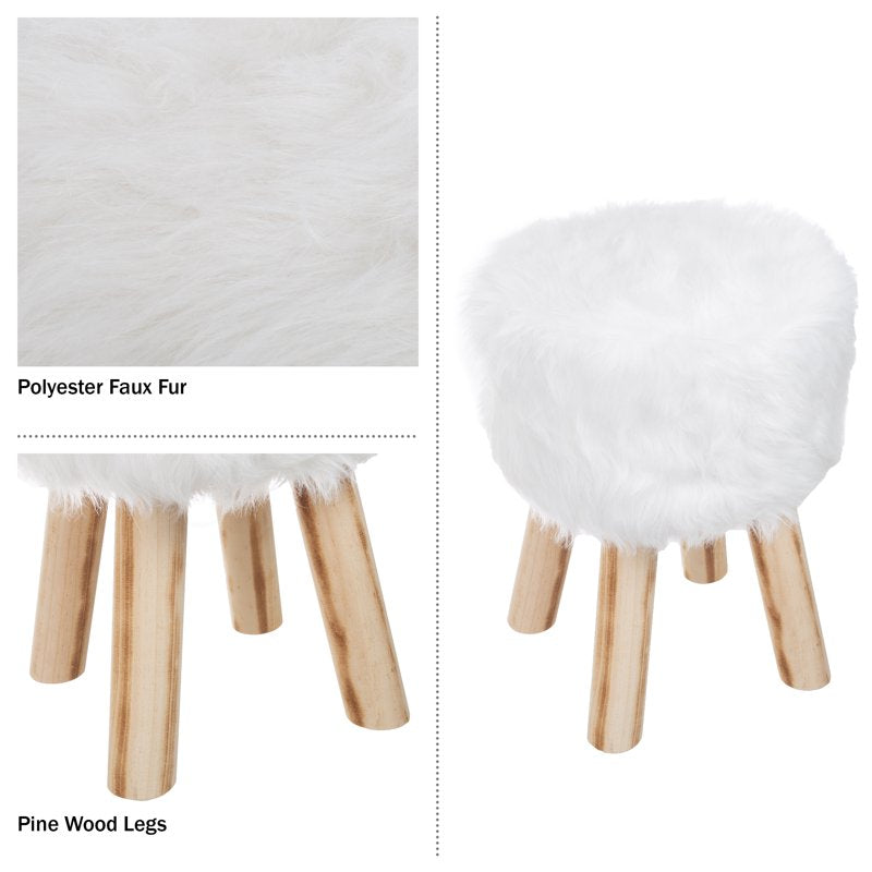 Round Faux Fur Ottoman - 11-Inch Accent Stool in White