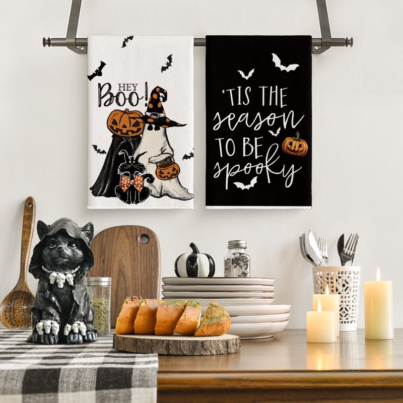 Halloween Kitchen Dish Towels Set - Spooky Pumpkin Ghost Bat Design, 2 pcs 18 x 26 inches - Farmhouse Style