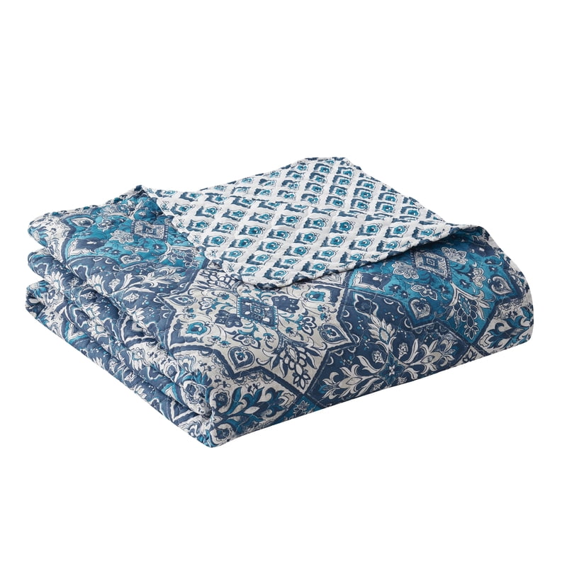 Twin Reversible Boho Quilt Set - Blue Medallion & Damask Prints, 3 Piece