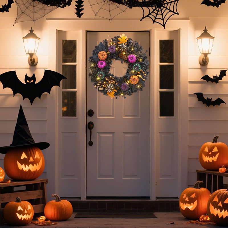 Halloween Wreath 20 Inch Prelit Front Door Decor - Style 7