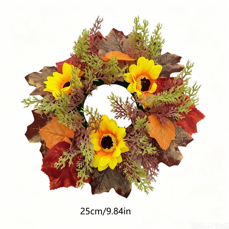 Fall Sunflower Candle Ring - Artificial Harvest Floral Mini Wreath for Pillar Candles - Rustic Autumn Home Decor - Variation #6